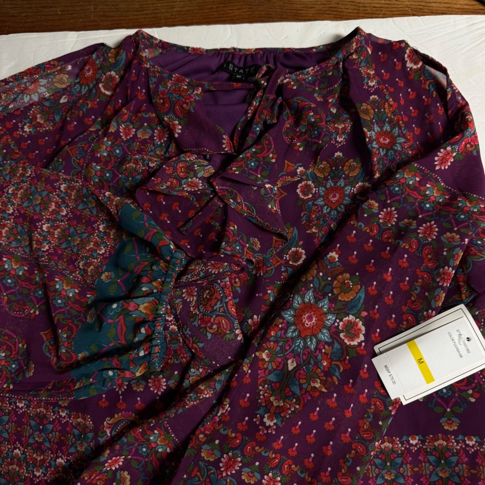 1.STATE Womens Floral Paisley Cold Shoulder Ruffle Blouse Fuchsia Purple Medium